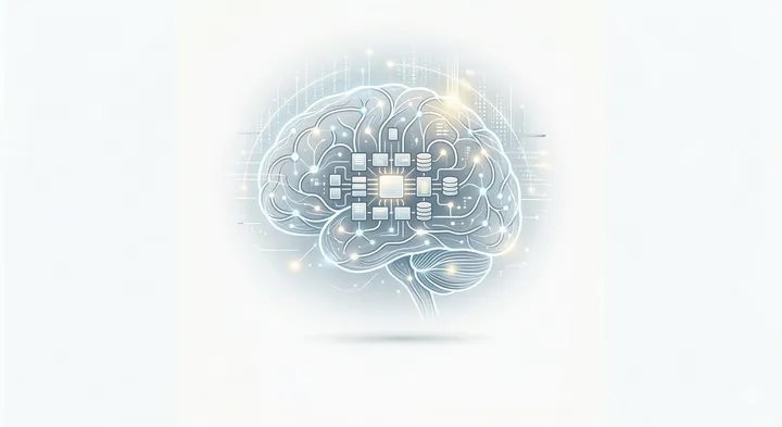 An illuminated brain network illustration wired to memory and storage components