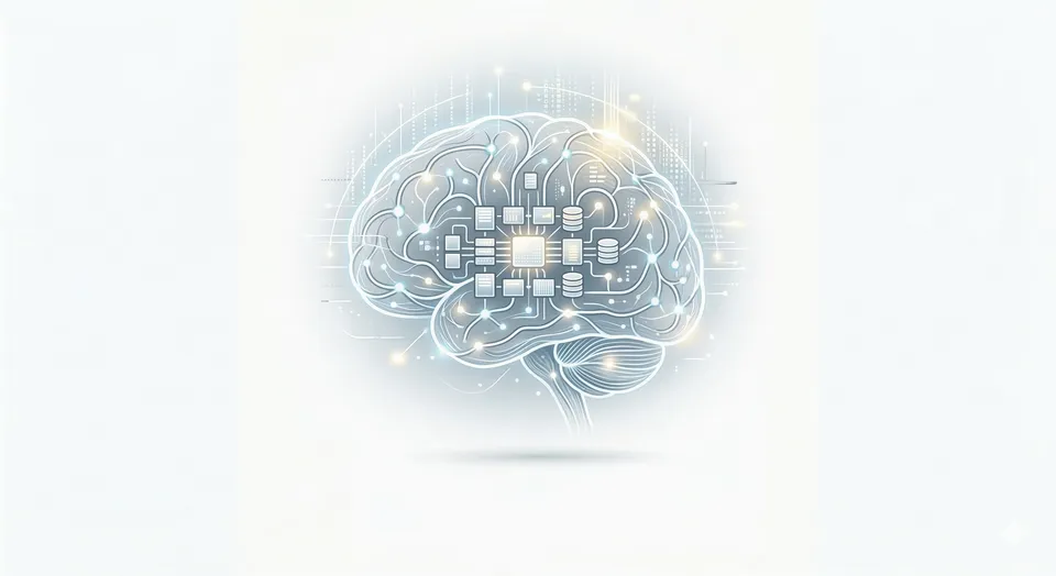 An illuminated brain network illustration wired to memory and storage components