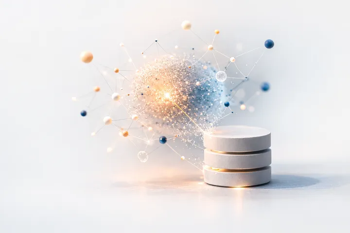 An illustration of a glowing vector network made of particles and connecting lines spreading beside a cylindrical database stack